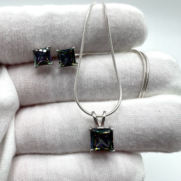 .925 Sterling Silver Rainbow Topaz Cz Necklace & Earring Set - Picture 9 of 16
